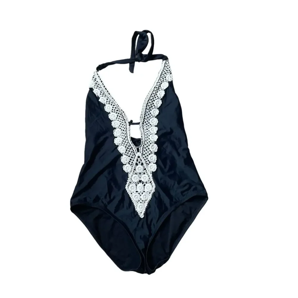 Kona Sol‎ Crochet Deep V One Piece Black Swimsuit Size M